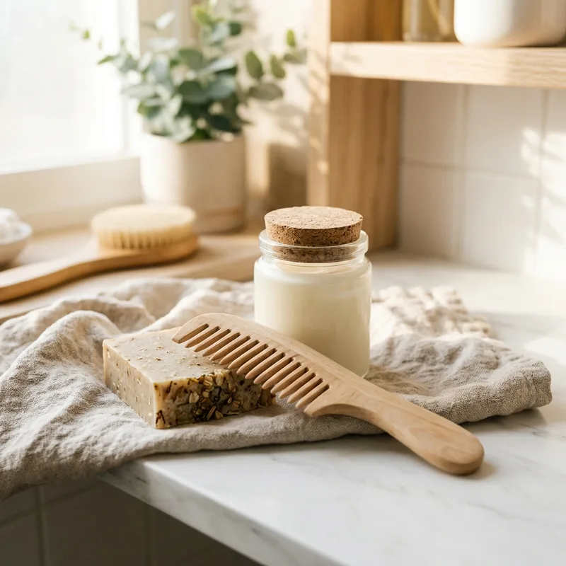 Natural bar soap, a wooden comb and a cork-lidded jar of cream on a linen towel