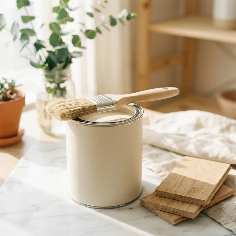 Paint can with a natural-bristle brush in a bright room