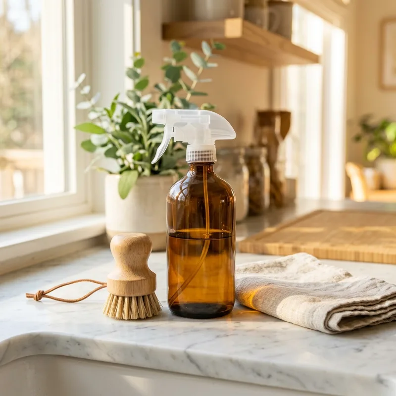 Amber glass spray bottle and a wooden scrub brush beside a potted plant