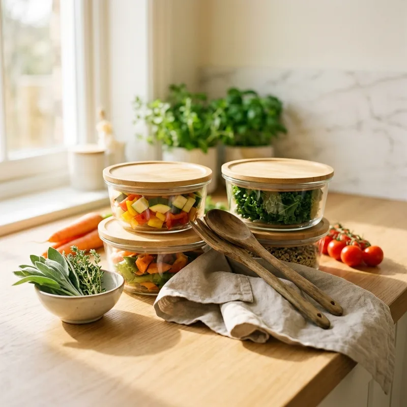 Glass food containers with bamboo lids, wooden spoons and fresh vegetables on a kitchen counter