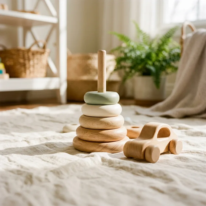 Wooden stacking ring toy and a wooden toy car on a linen play mat