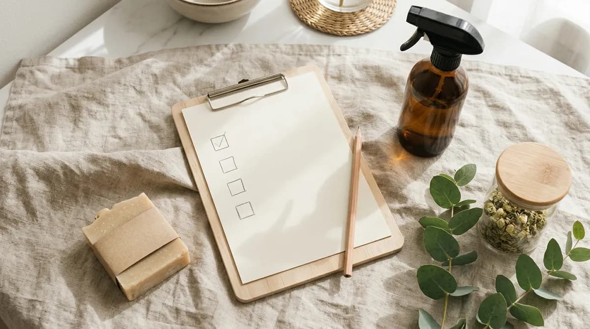 Clipboard checklist with natural soap, an amber spray bottle and a glass jar on linen