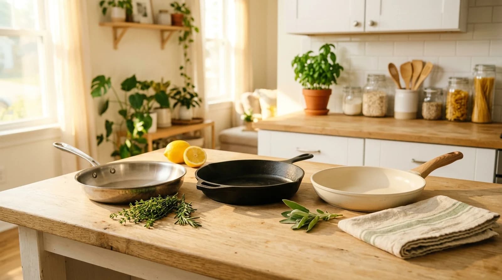 Stainless steel, cast iron and ceramic pans side by side on an oak kitchen counter with fresh herbs