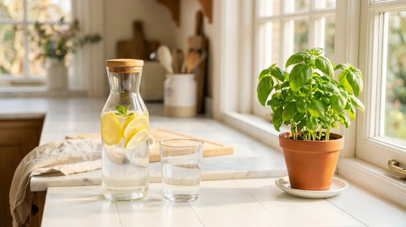 Glass carafe of filtered water with lemon slices and a glass of water on a sunny kitchen windowsill