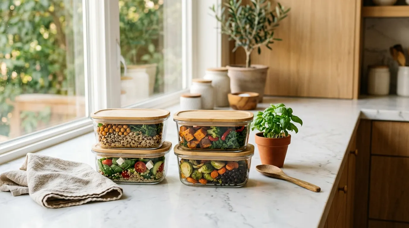 Glass meal prep containers with bamboo lids filled with grains and vegetables on a marble counter