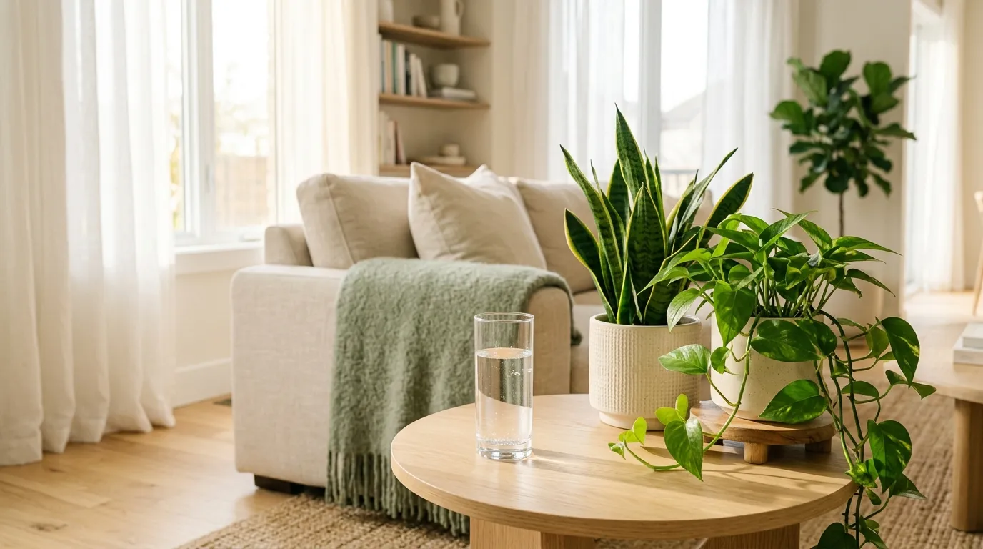 Bright living room with a glass of water on a wood side table surrounded by snake plant and pothos