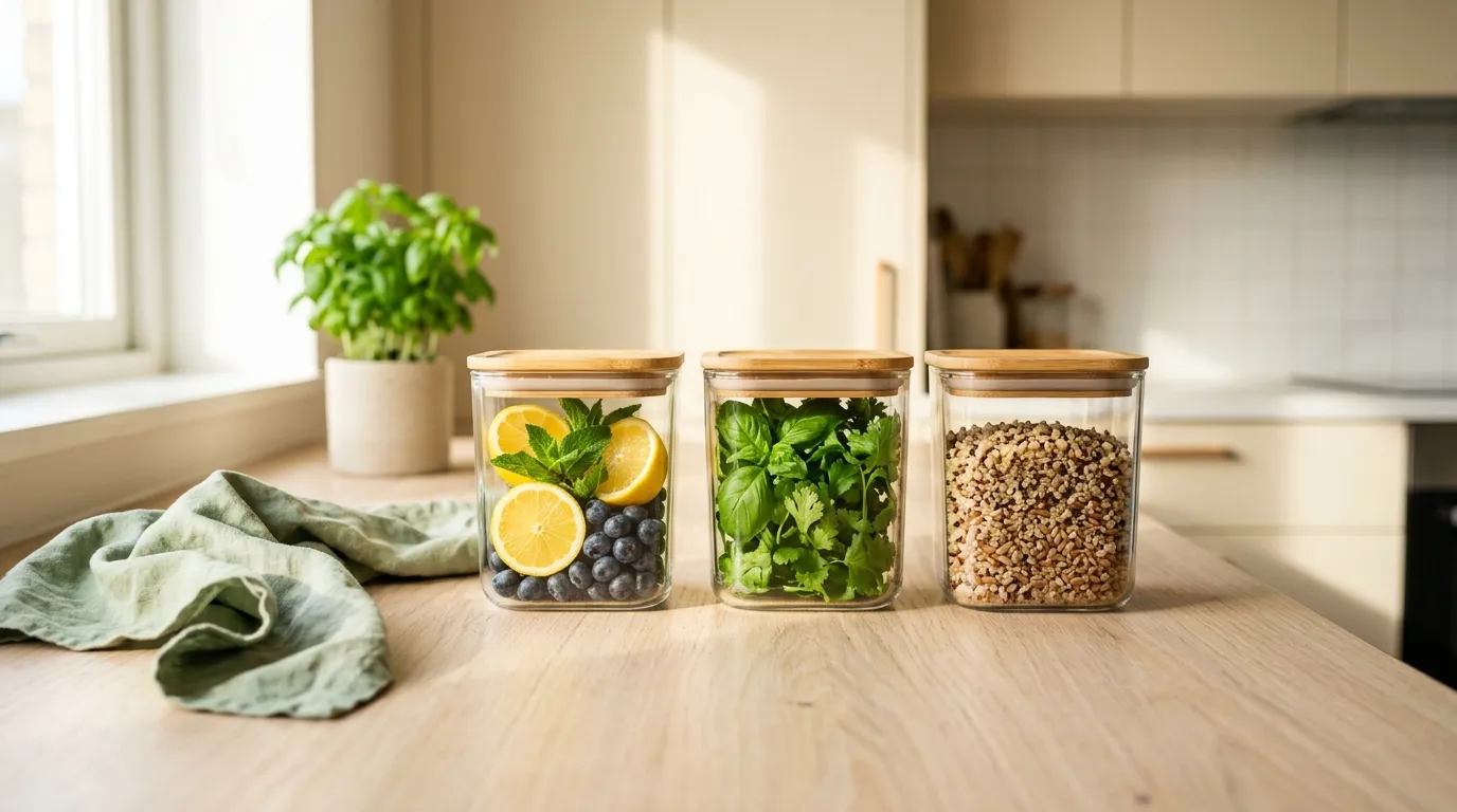 Glass food storage containers with bamboo lids filled with lemons, herbs, berries and grains on a wood counter