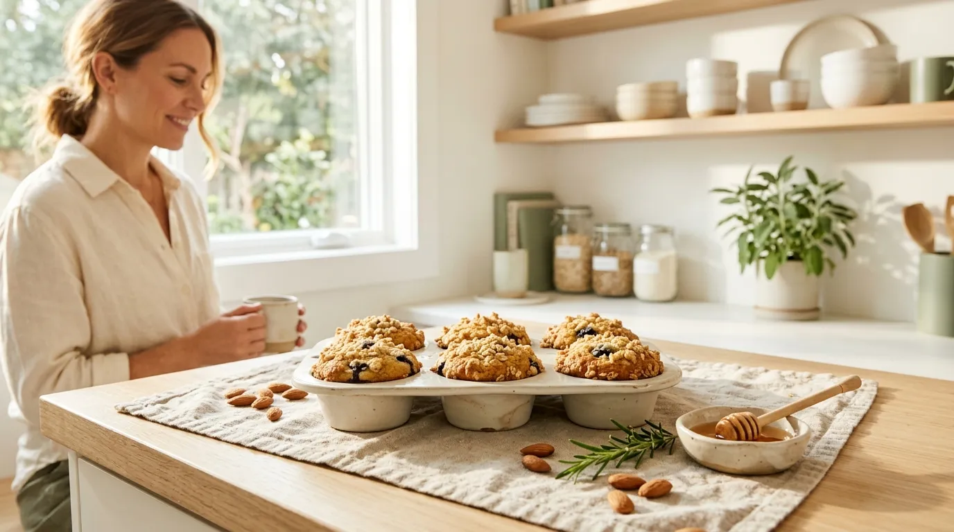 Golden muffins in a pale ceramic muffin tin on a linen cloth with almonds, rosemary and a bowl of honey