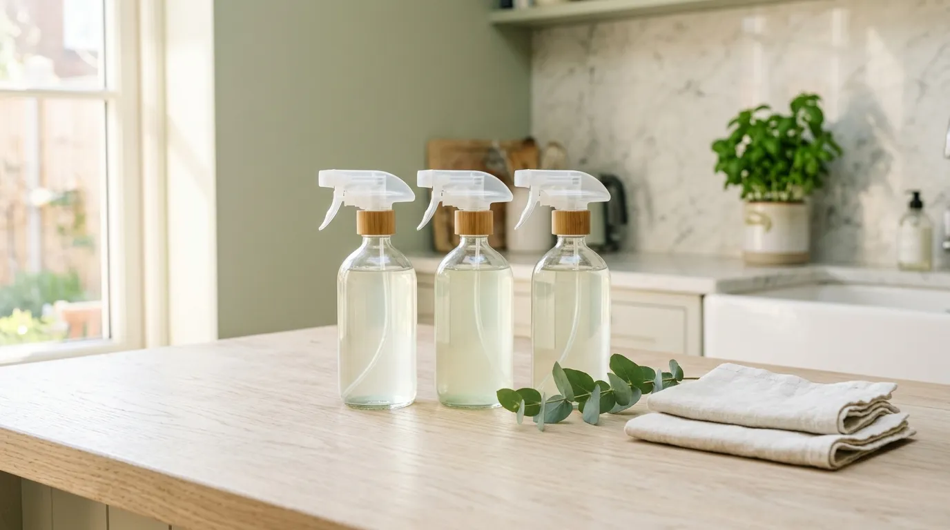 Glass spray bottles of natural cleaning solution, folded linen cloths and eucalyptus on a kitchen countertop