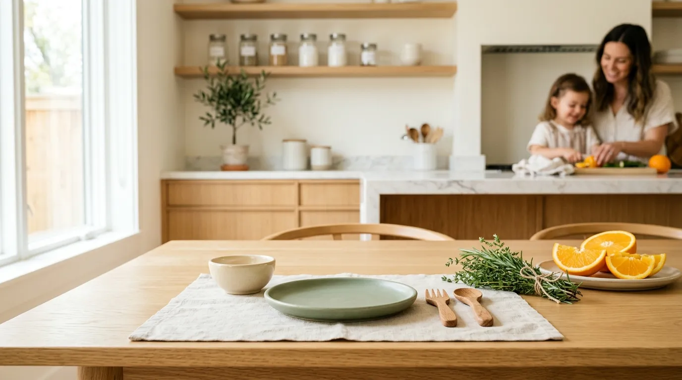 Child's sage green plate, small wooden fork and spoon and a cream ceramic bowl on a linen placemat