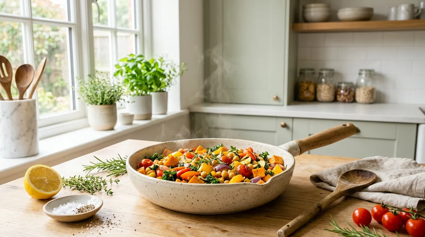 Ceramic skillet of sautéed vegetables on a wood counter with a halved lemon, thyme and cherry tomatoes