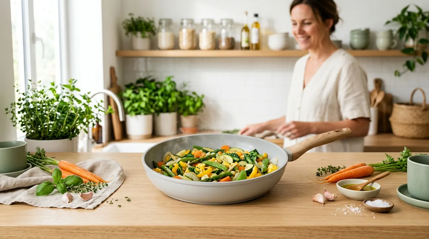 Ceramic-coated skillet of sautéed vegetables on a pale wood kitchen counter with fresh herbs