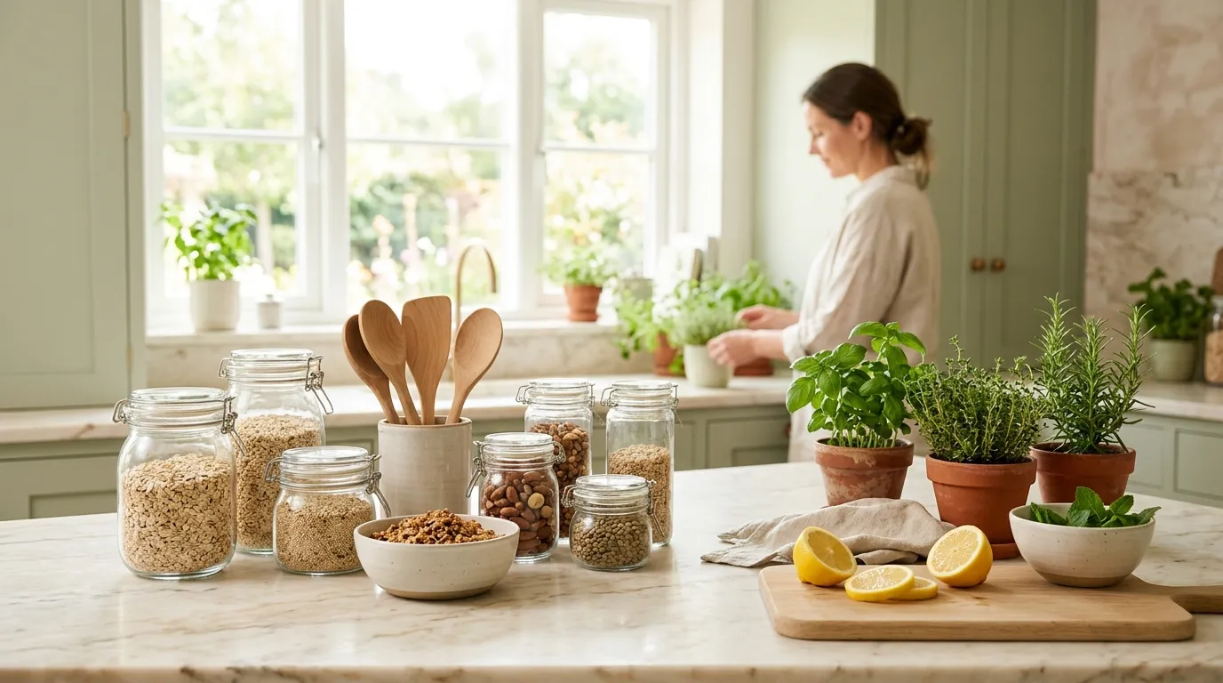 Glass storage jars, ceramic bowls and wooden utensils on a bright kitchen counter with herbs and sliced lemons
