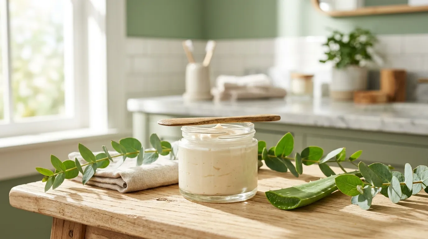 Open glass jar of natural face moisturizer with a wooden spatula, eucalyptus and an aloe leaf on a wood vanity