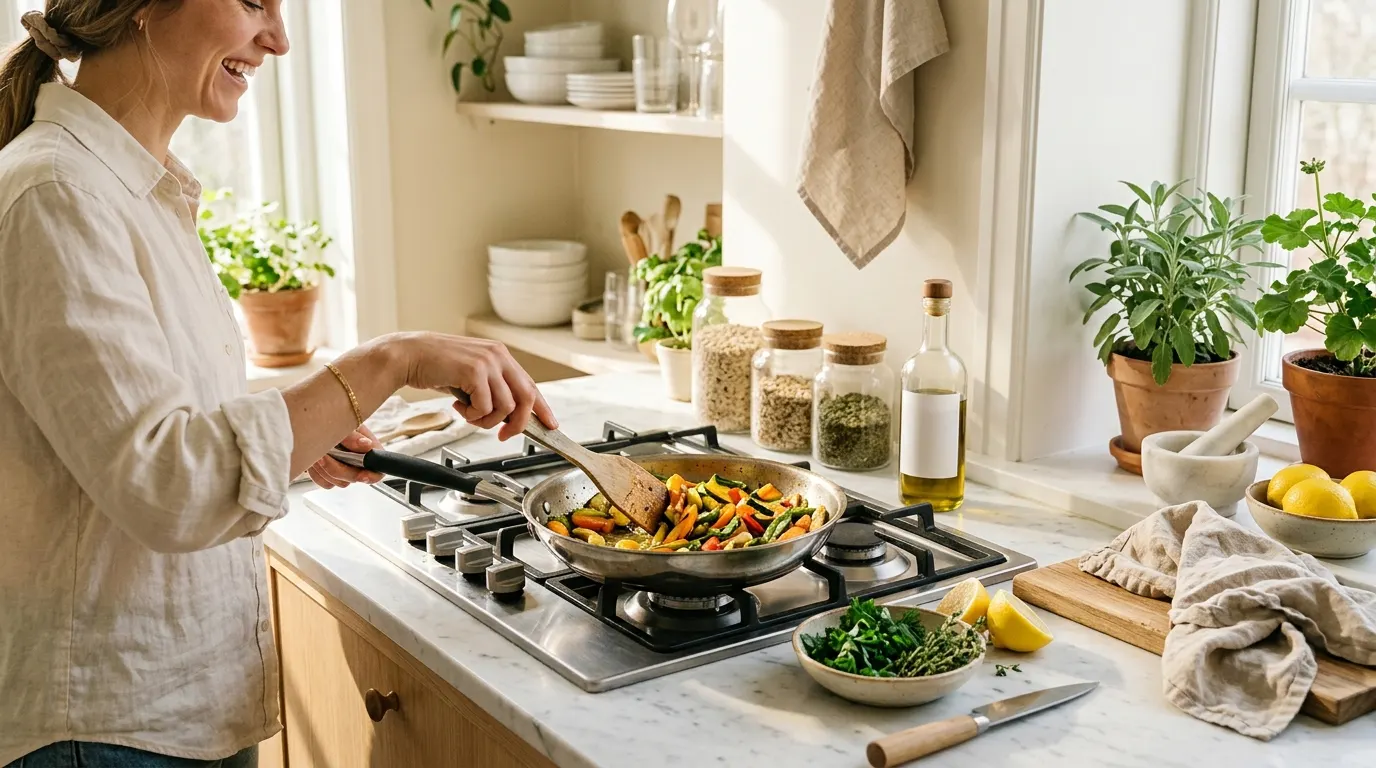 Woman cooking vegetables in a stainless steel pan on a gas stove in a bright kitchen