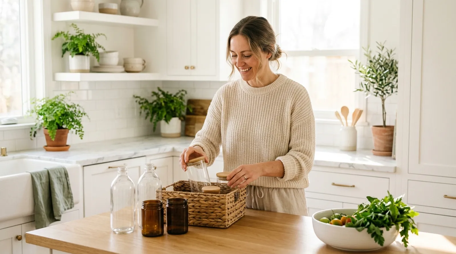 Woman sorting glass jars and bottles into a woven basket on a sunlit kitchen counter