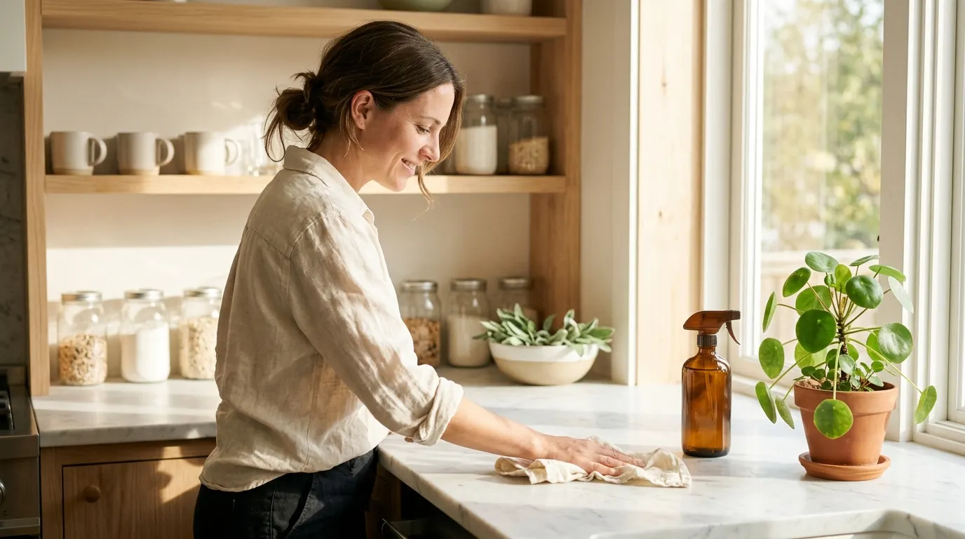 Woman wiping a marble kitchen counter with a cloth next to an amber glass spray bottle