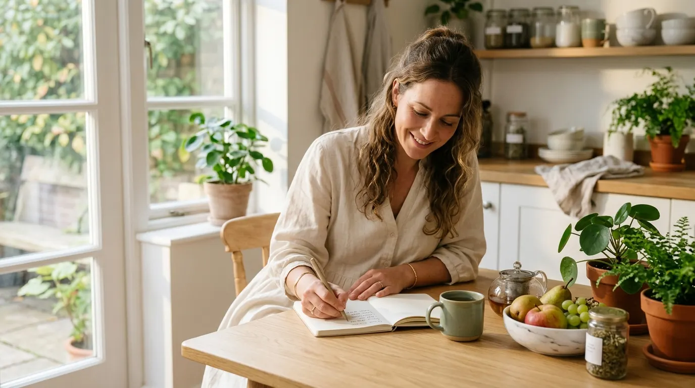 Woman writing a swap list in a notebook at a sunlit kitchen table