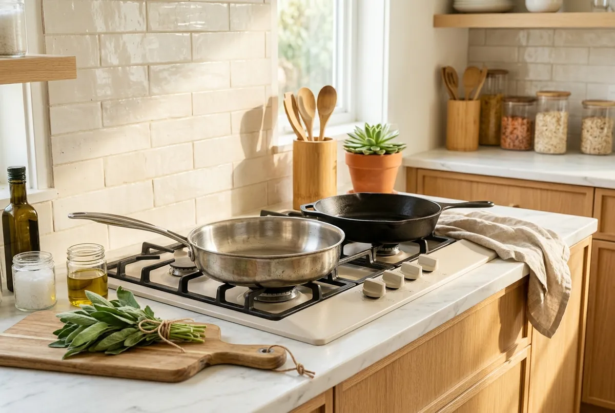 A stainless steel pan and a cast iron skillet on a stovetop in a bright home kitchen