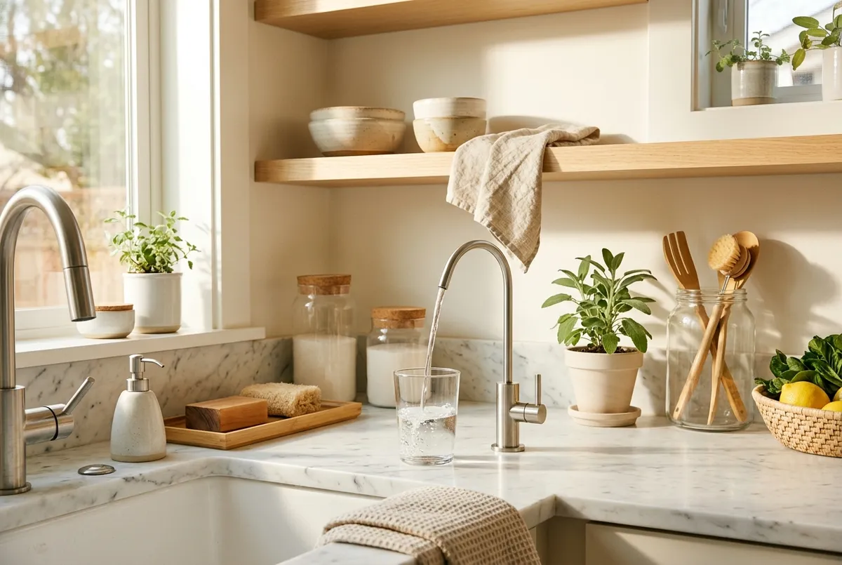 A glass of filtered water being poured at a kitchen sink with an under-sink filter