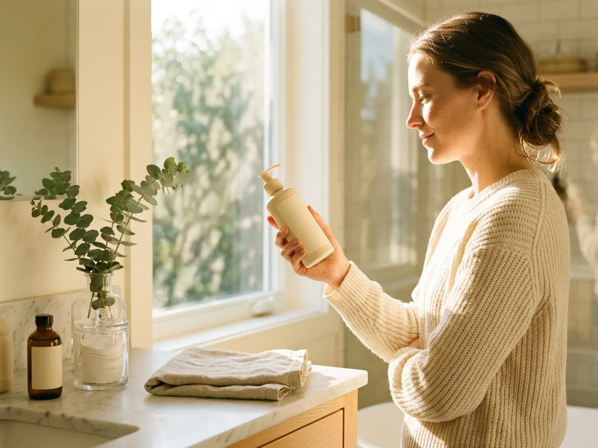 Woman in a cream sweater reading the back of a skincare bottle by a bright bathroom window