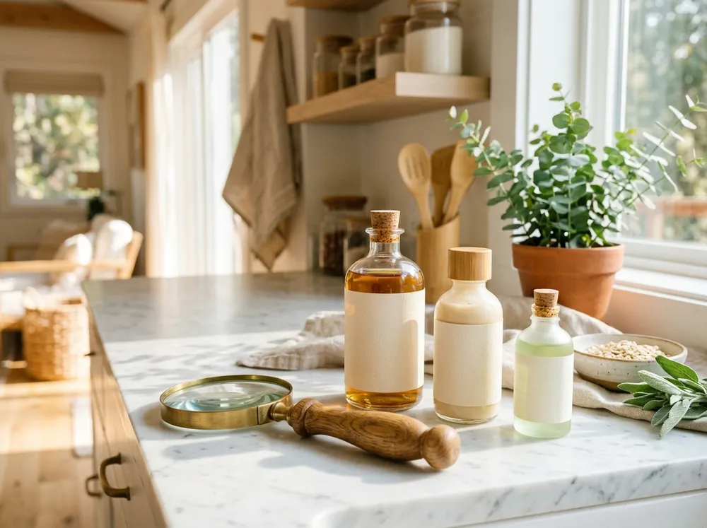 Magnifying glass beside skincare and cleaning bottles on a marble counter
