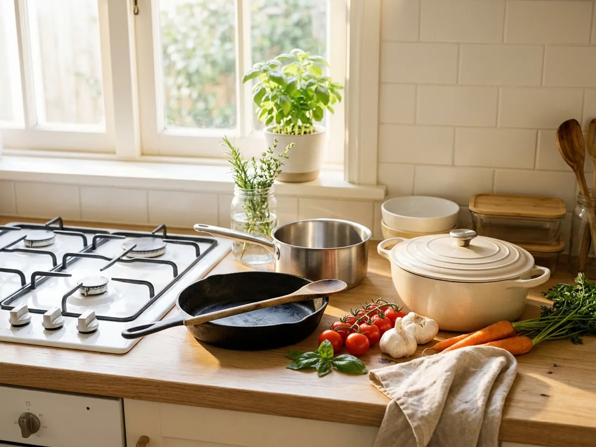 Cast iron skillet, stainless saucepan and cream enameled Dutch oven beside a stove with fresh vegetables
