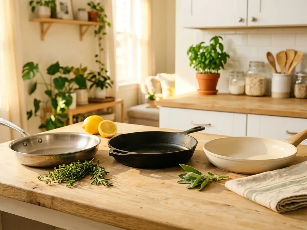 Stainless steel, cast iron and cream ceramic pans on an oak kitchen counter with herbs