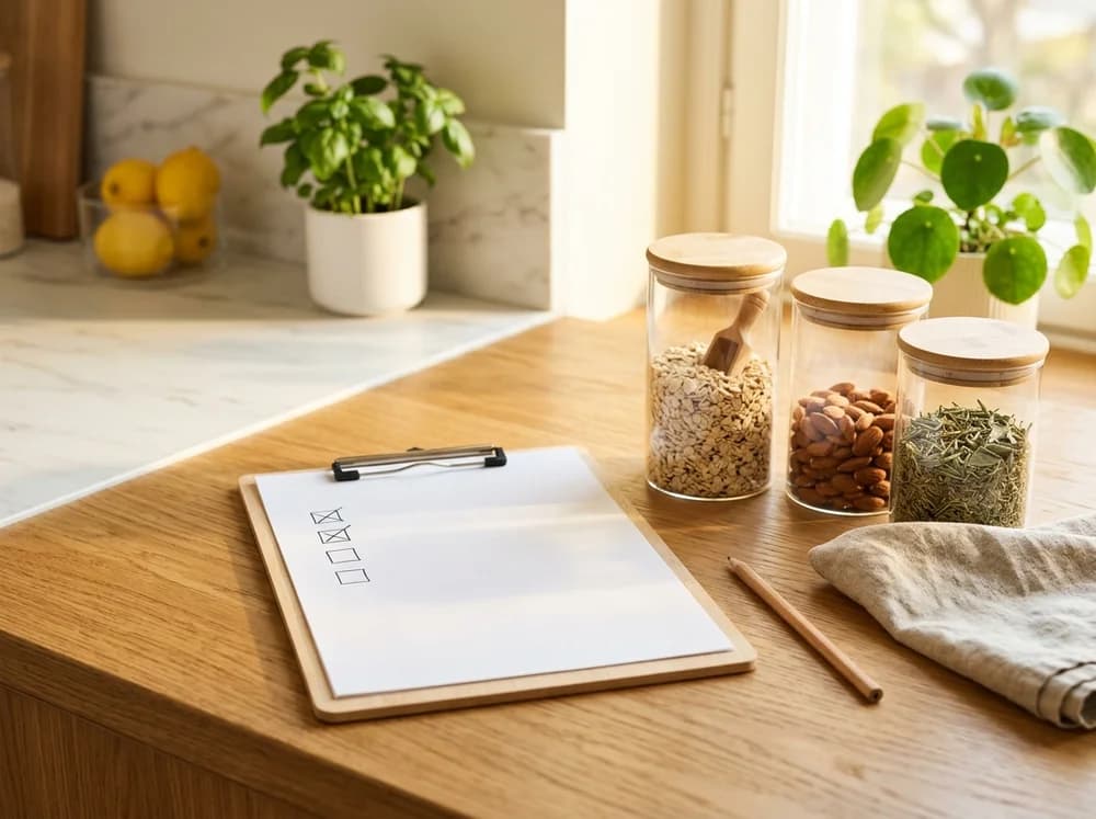 Clipboard with a ticked checklist beside glass jars with bamboo lids on an oak counter