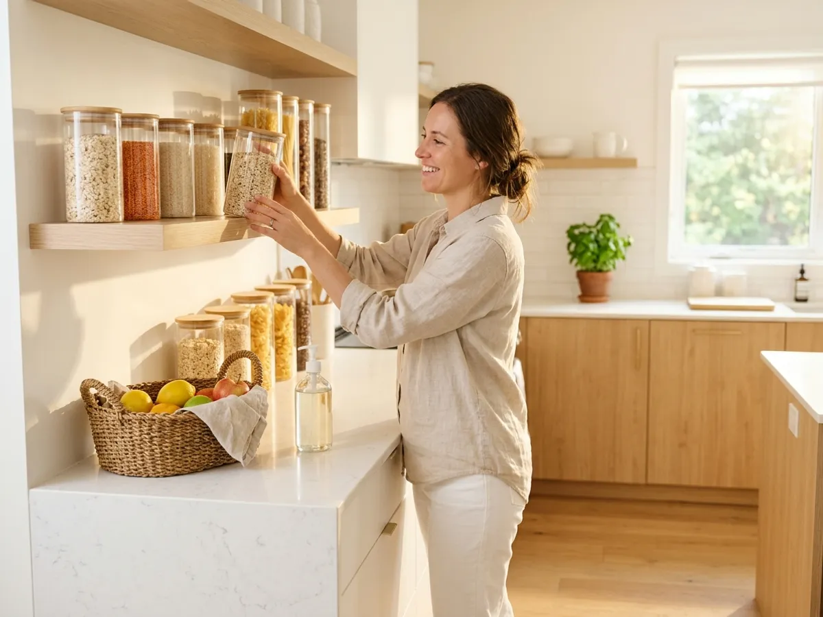 Smiling woman placing a glass storage jar on an open shelf of pantry jars in a sunny kitchen