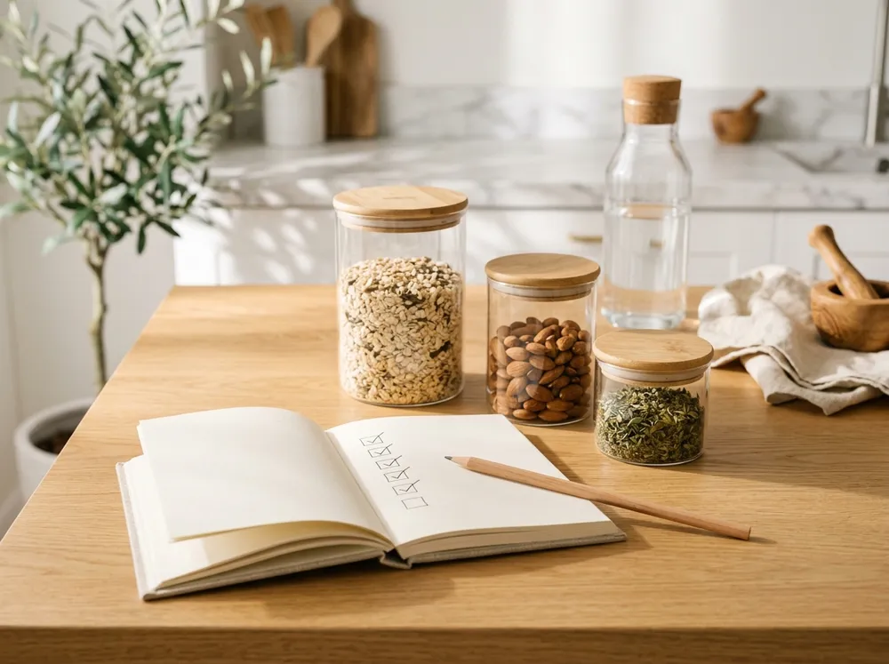 Open notebook with a ticked checklist beside glass jars with bamboo lids