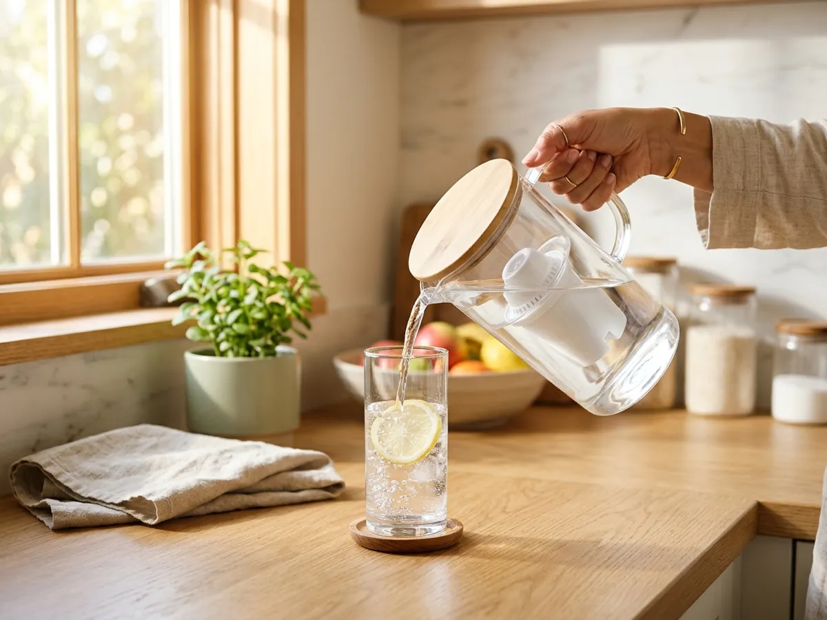 Pouring filtered water from a glass pitcher into a glass with lemon on an oak counter