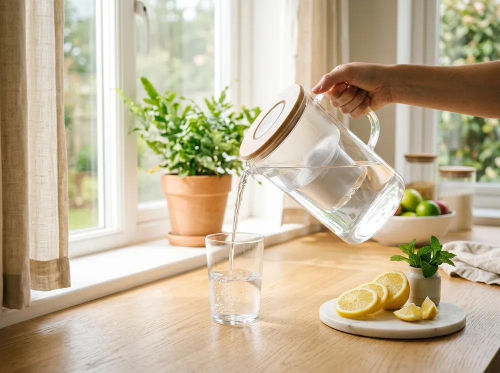 Glass filter pitcher pouring water into a glass by a sunny window