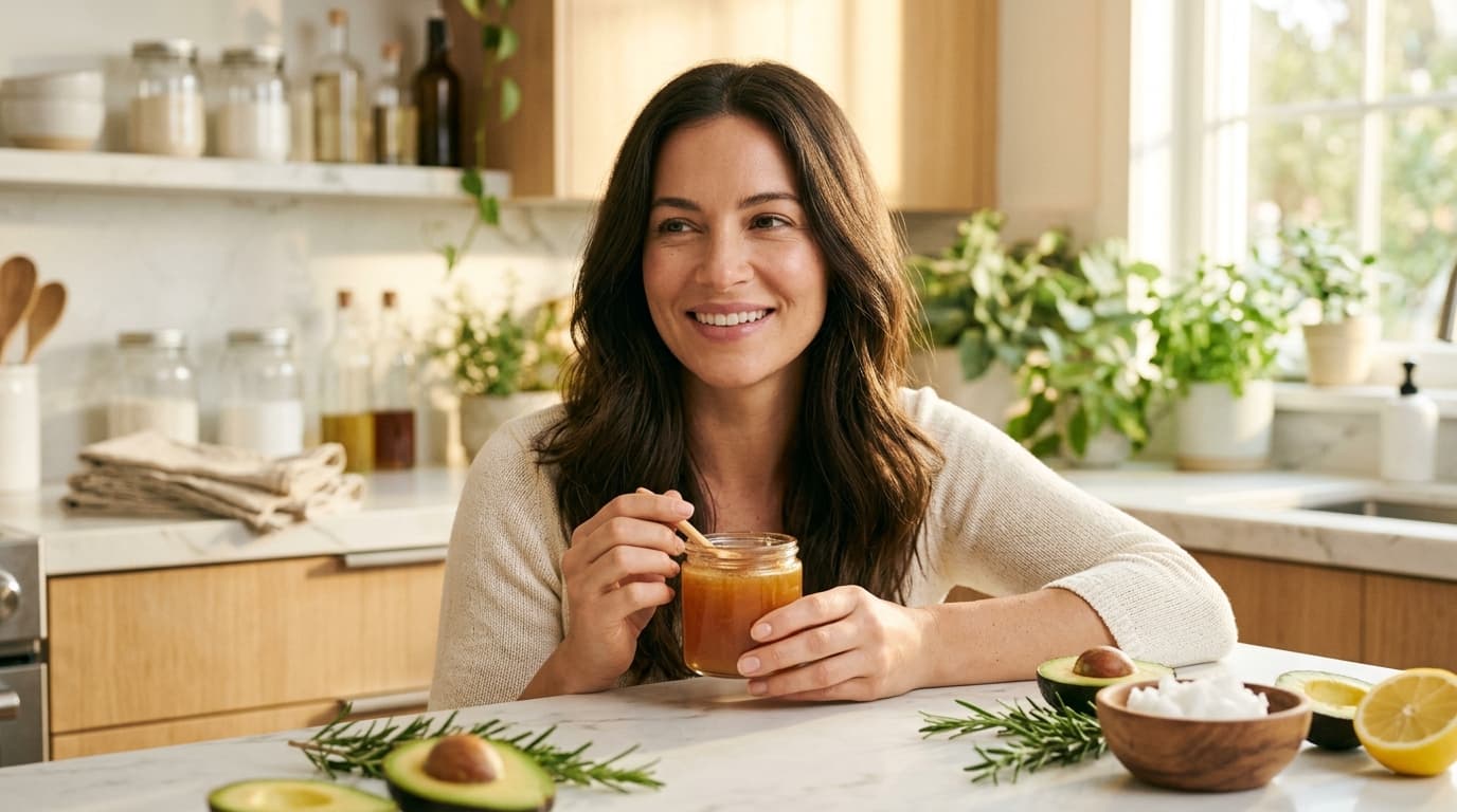 Woman with glossy natural hair holding a jar of homemade hair mask beside rosemary, avocado and lemon
