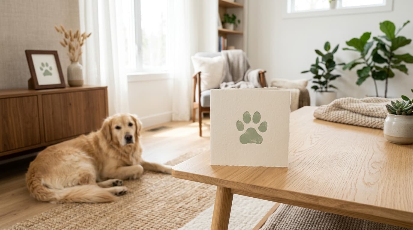 Cotton-paper card with a sage green dog paw print on an oak table, a framed paw-print keepsake behind