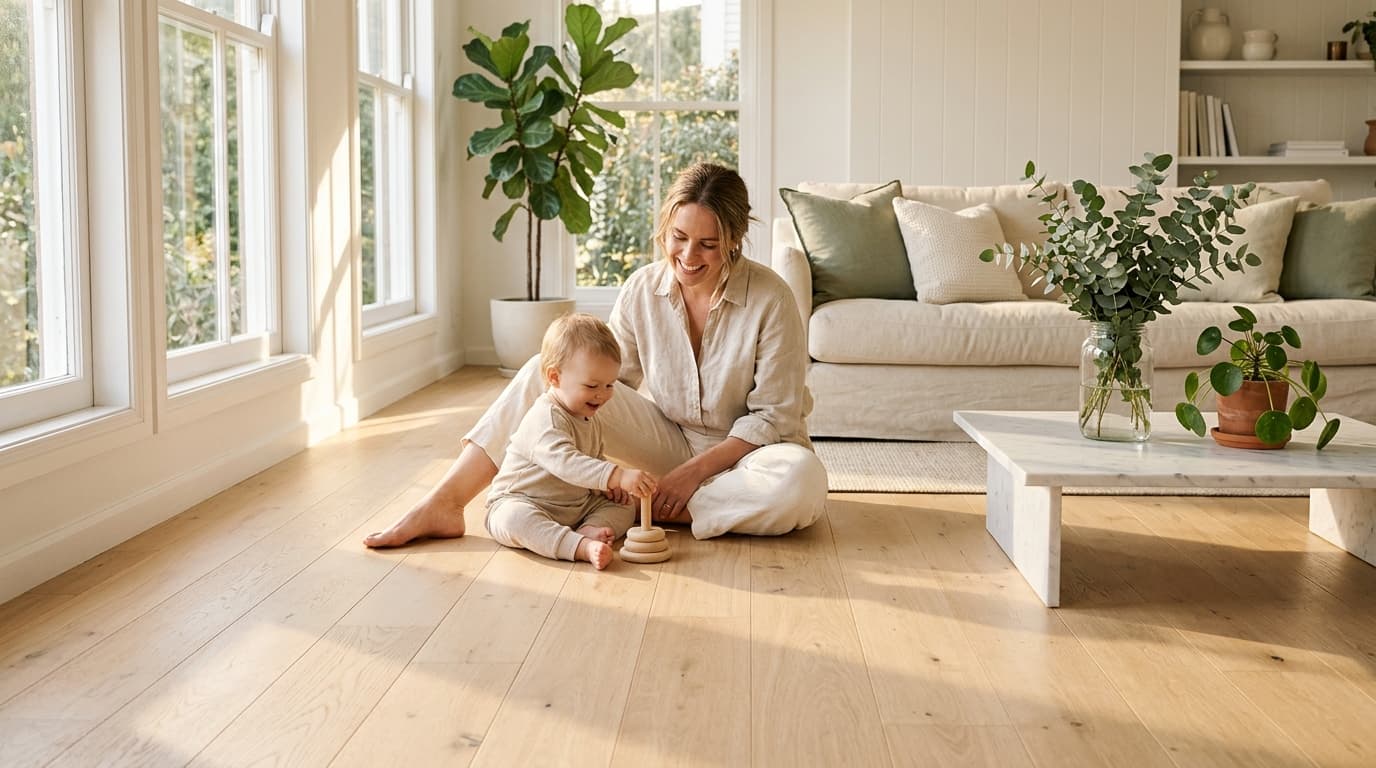 Pale oak hardwood floor in a bright living room with morning light across the wood grain