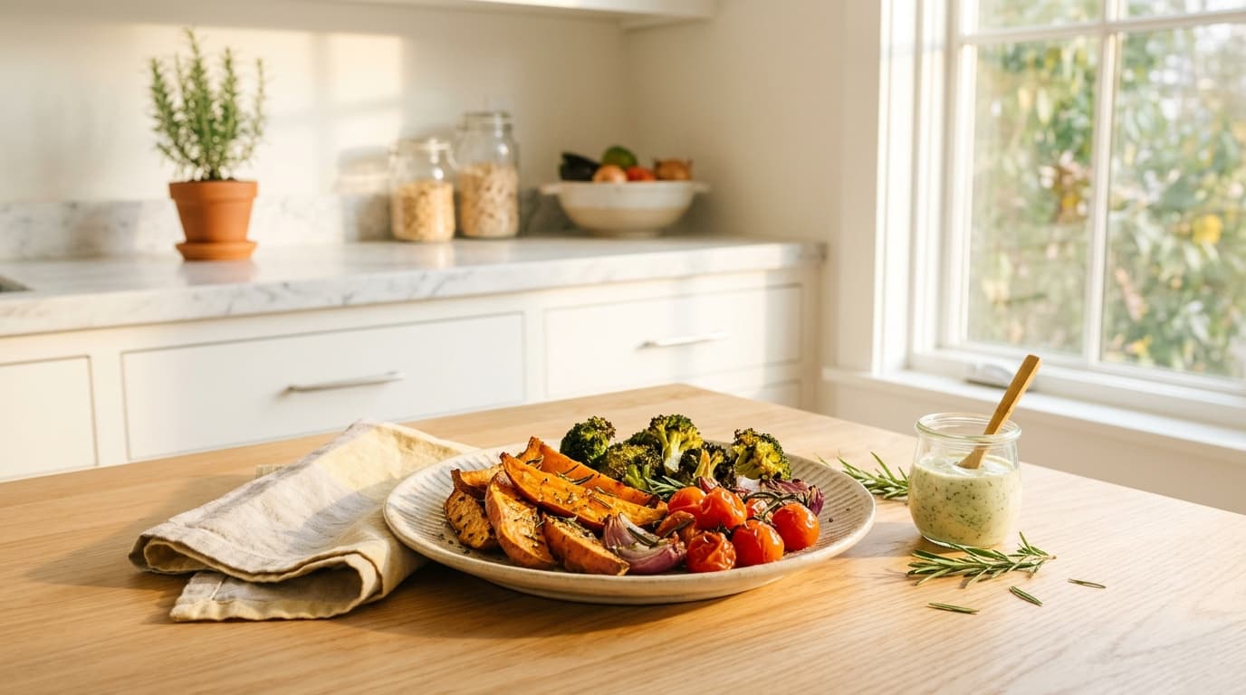 Plate of roasted sweet potato wedges, charred broccoli and cherry tomatoes in a bright white kitchen