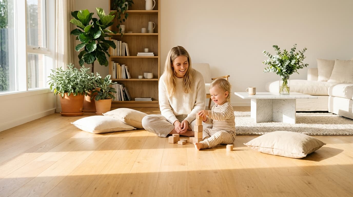 Mother and toddler playing on light wood-look flooring in a sunlit modern living room