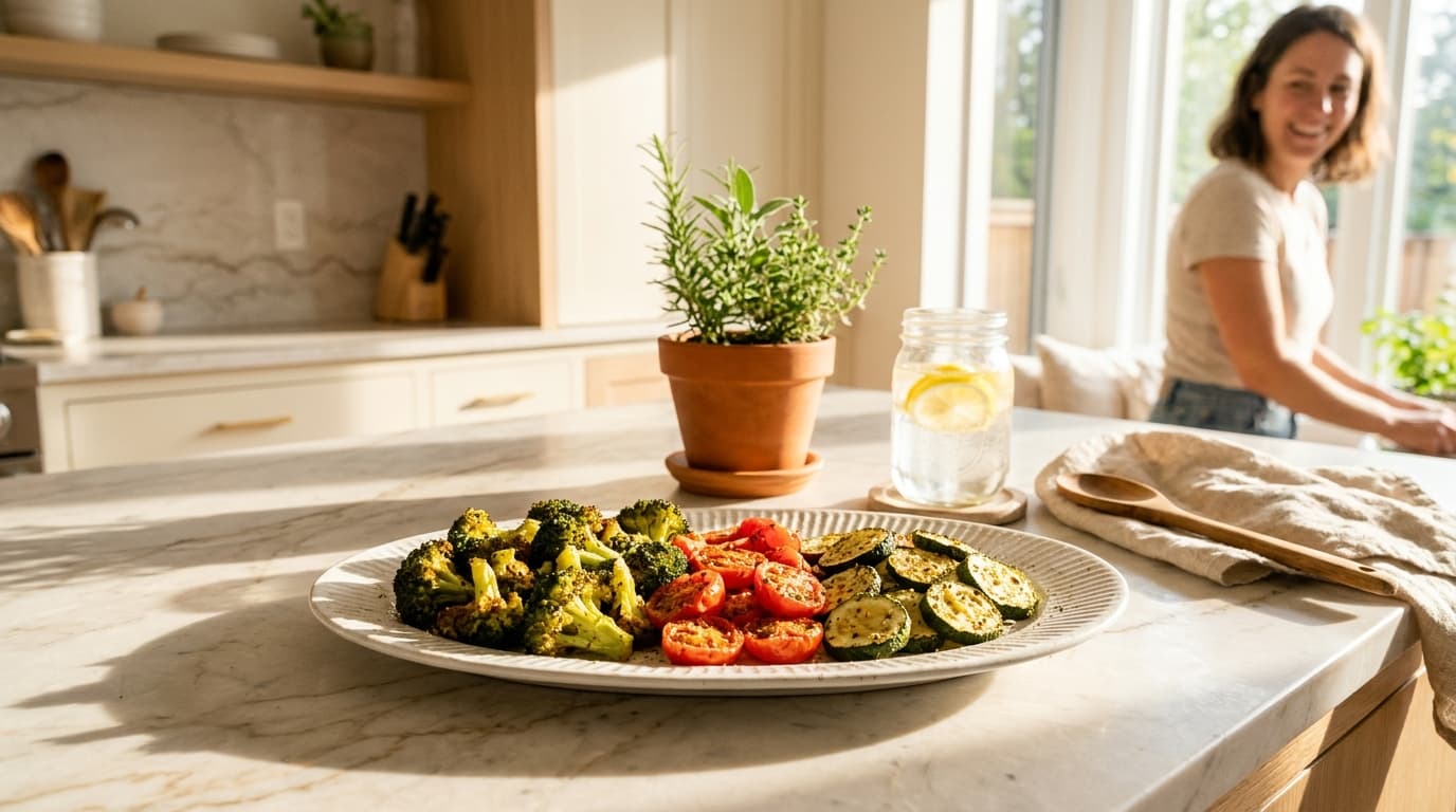 Air-fried broccoli, cherry tomatoes and zucchini on a white ceramic platter on a marble countertop
