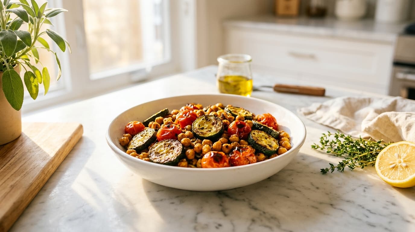White ceramic bowl of roasted zucchini, cherry tomatoes and crispy chickpeas on a marble kitchen counter