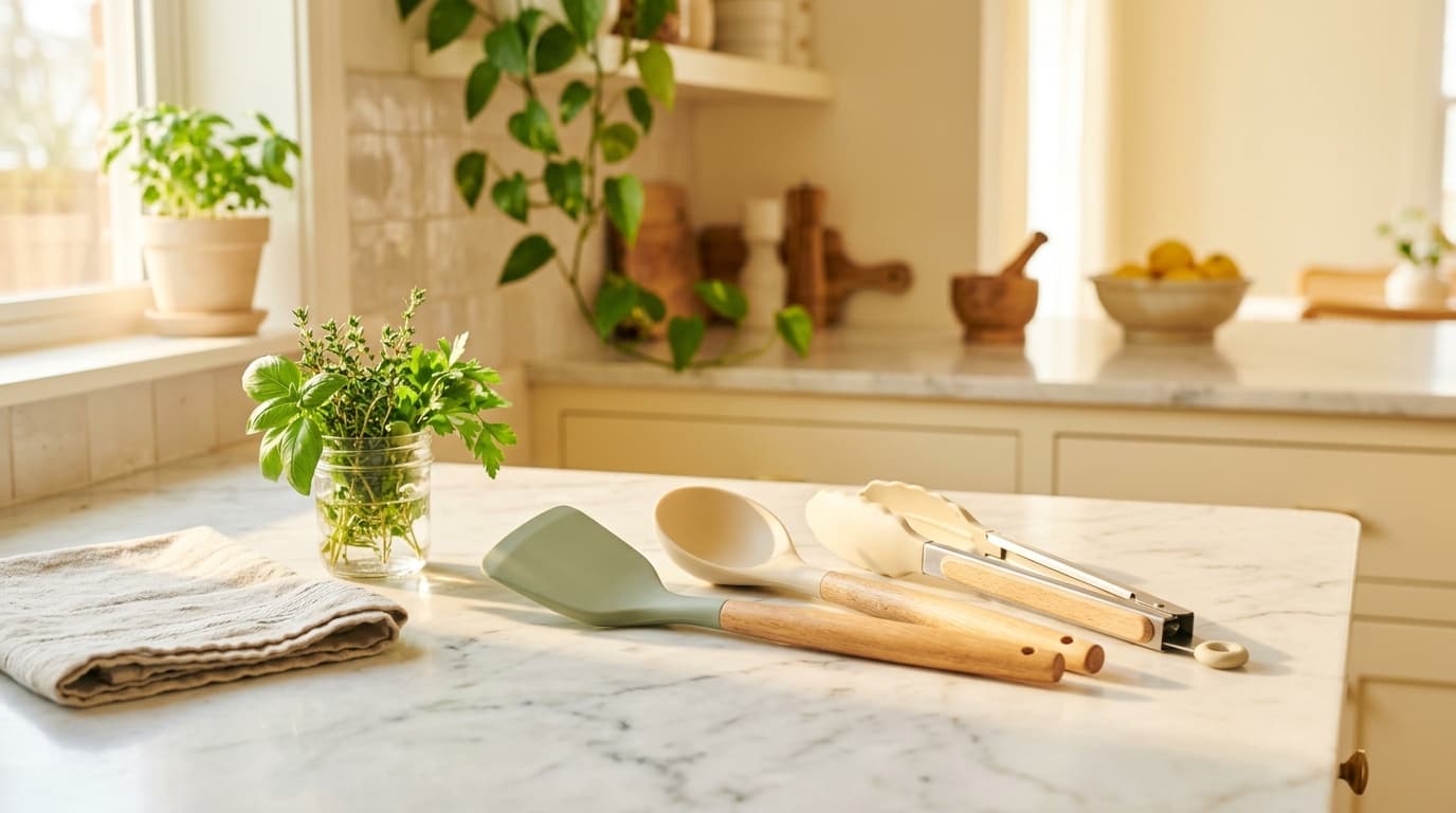 Food-grade silicone spatula, spoon and tongs in sage green and cream on a white marble countertop