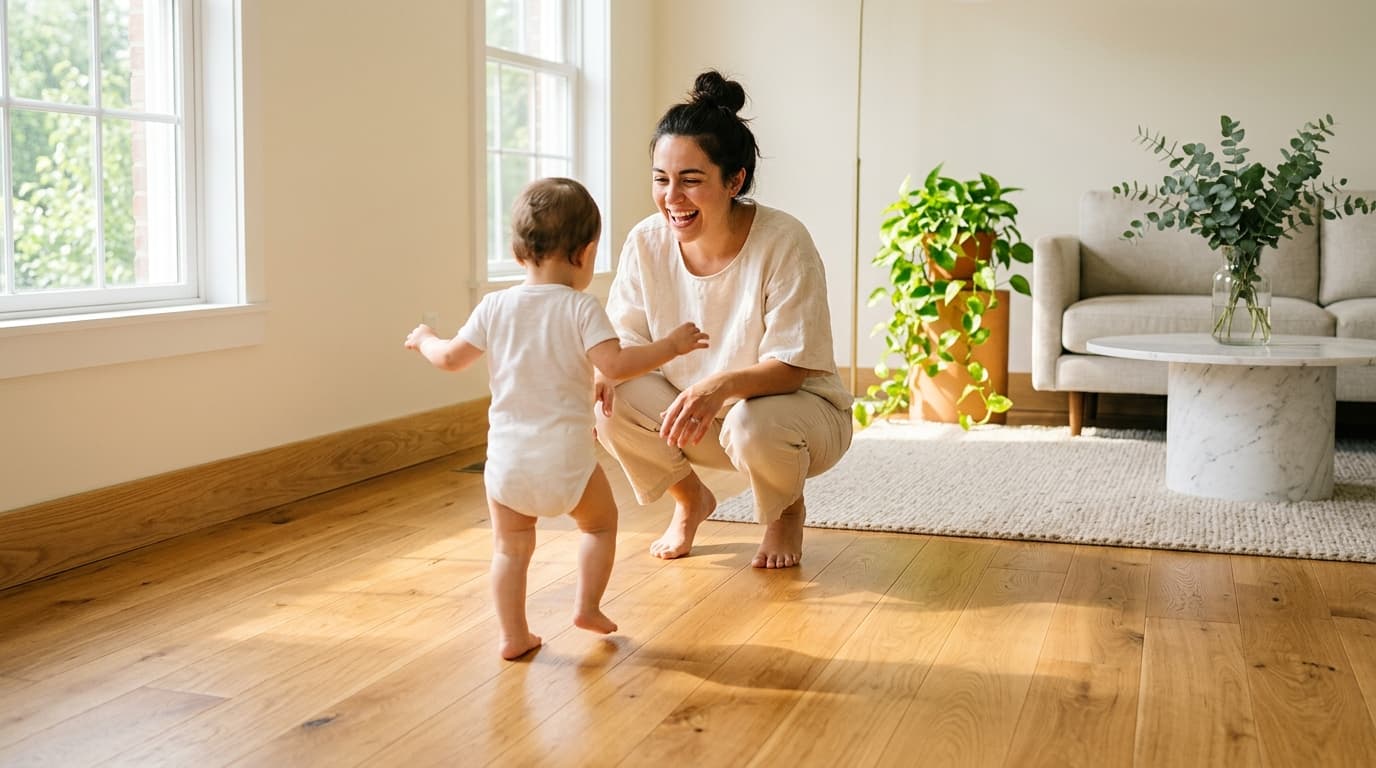 Honey-toned natural hardwood floor in morning sunlight from a tall window