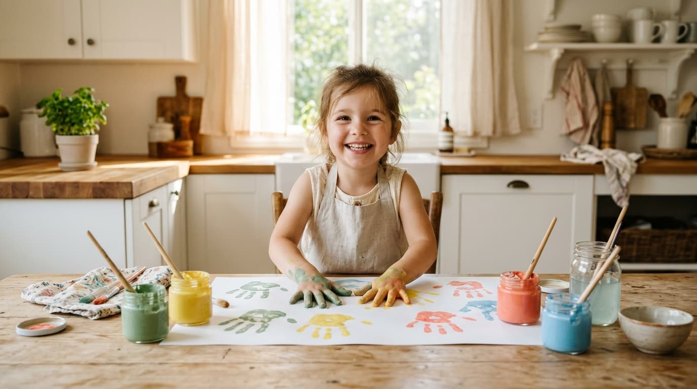 Smiling child with paint-dabbed hands making handprints on paper beside jars of sage, yellow and coral paint