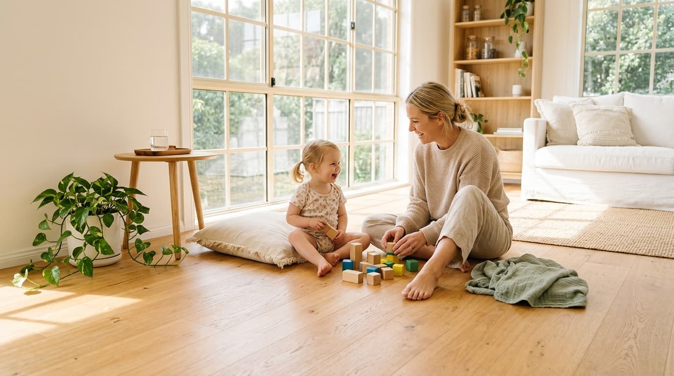 Mother and young child playing on a light natural hardwood floor in a sunlit living room
