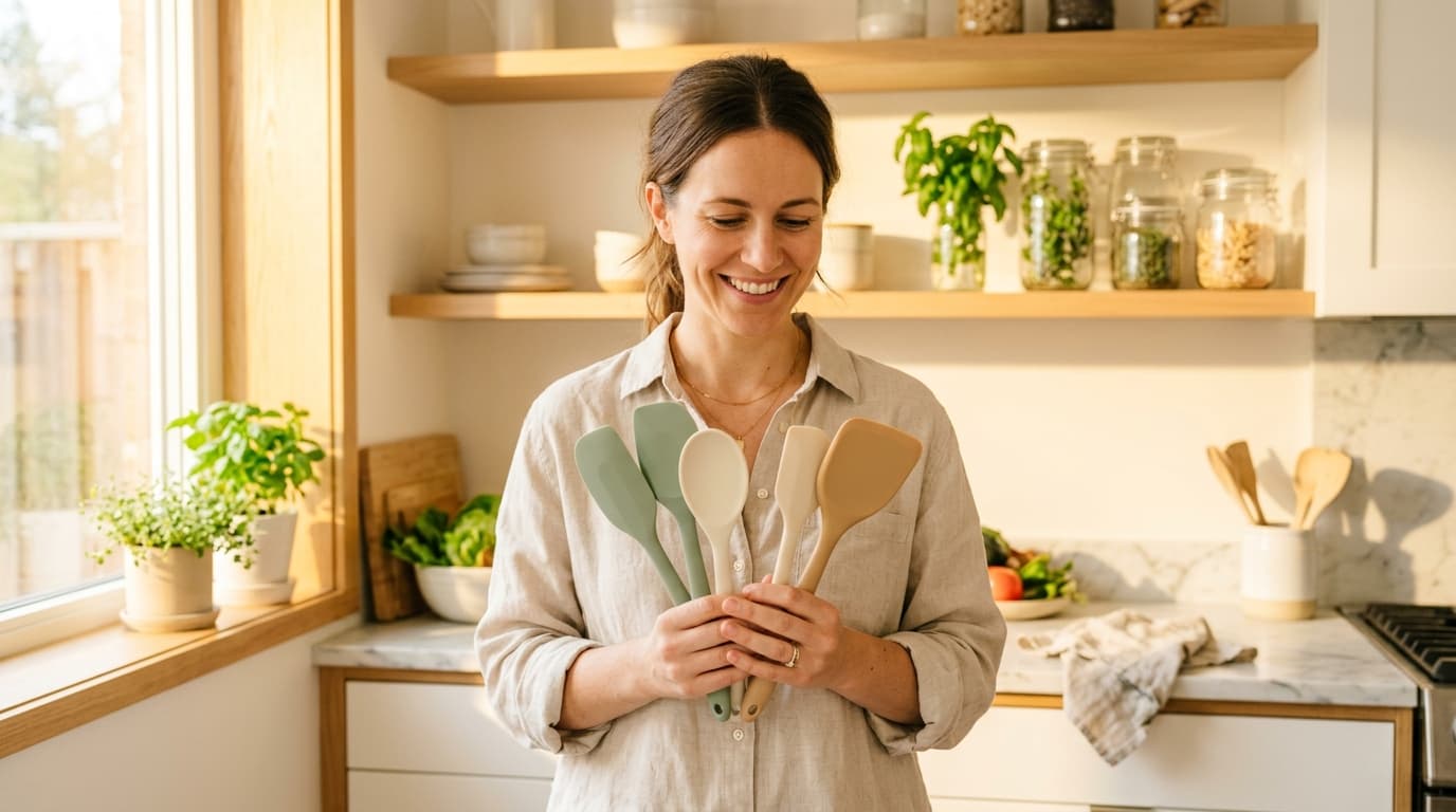 Woman in a bright kitchen holding sage green and cream silicone spatulas and spoons
