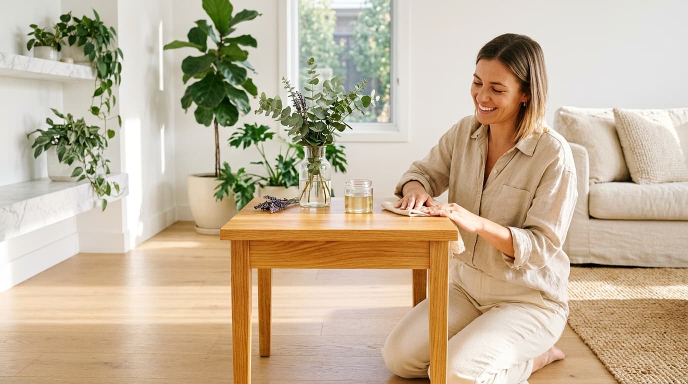 Refinished natural wood side table with a linen cloth and a small glass jar in a sunlit room