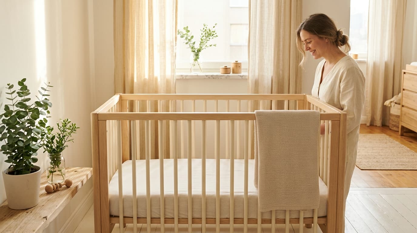 Natural wood crib with creamy white painted spindles in a sunlit nursery