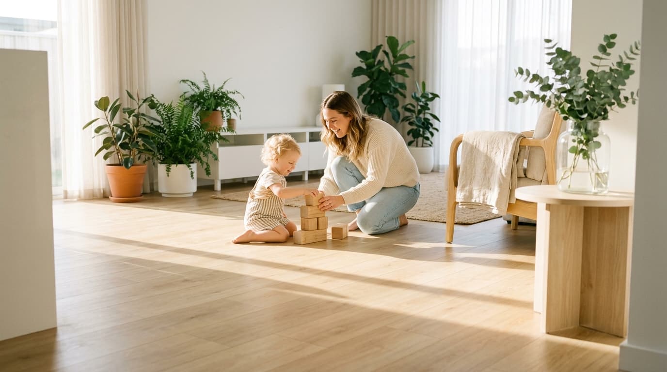 Pale luxury vinyl plank flooring in a sunlit modern living room with eucalyptus in a glass vase