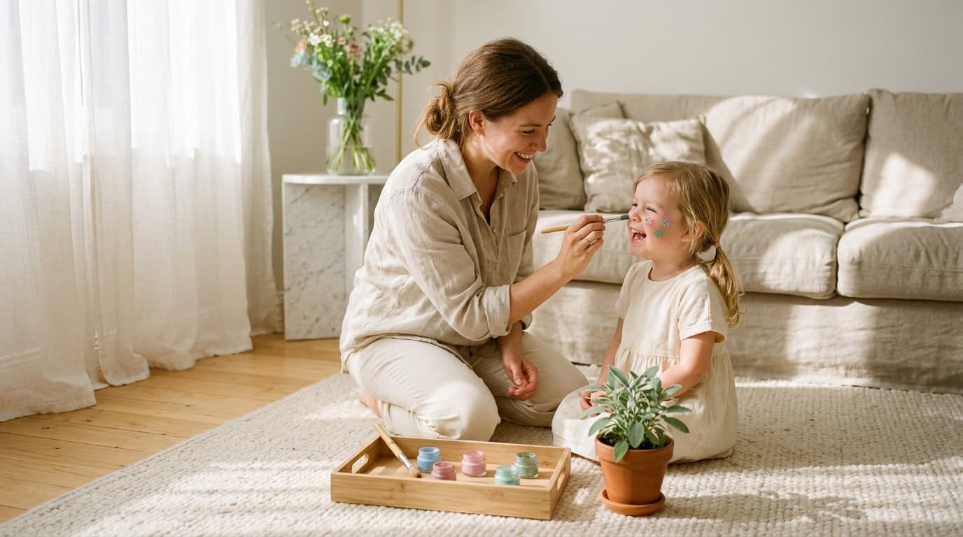Mother painting a flower design on her laughing child's cheek, with small pots of face paint nearby