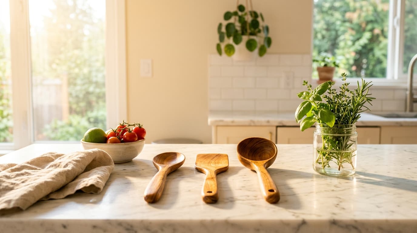 Wooden spoon, spatula and ladle on a white marble countertop with fresh herbs in a glass jar